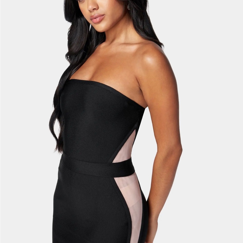 Bebe Black Strapless bodycon w mesh side illusion Small